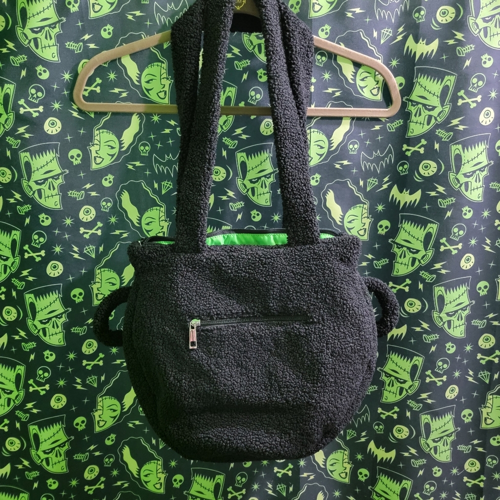 Lady Moon Black & Green Witch Cauldron Sherpa Cozy Purse Bag